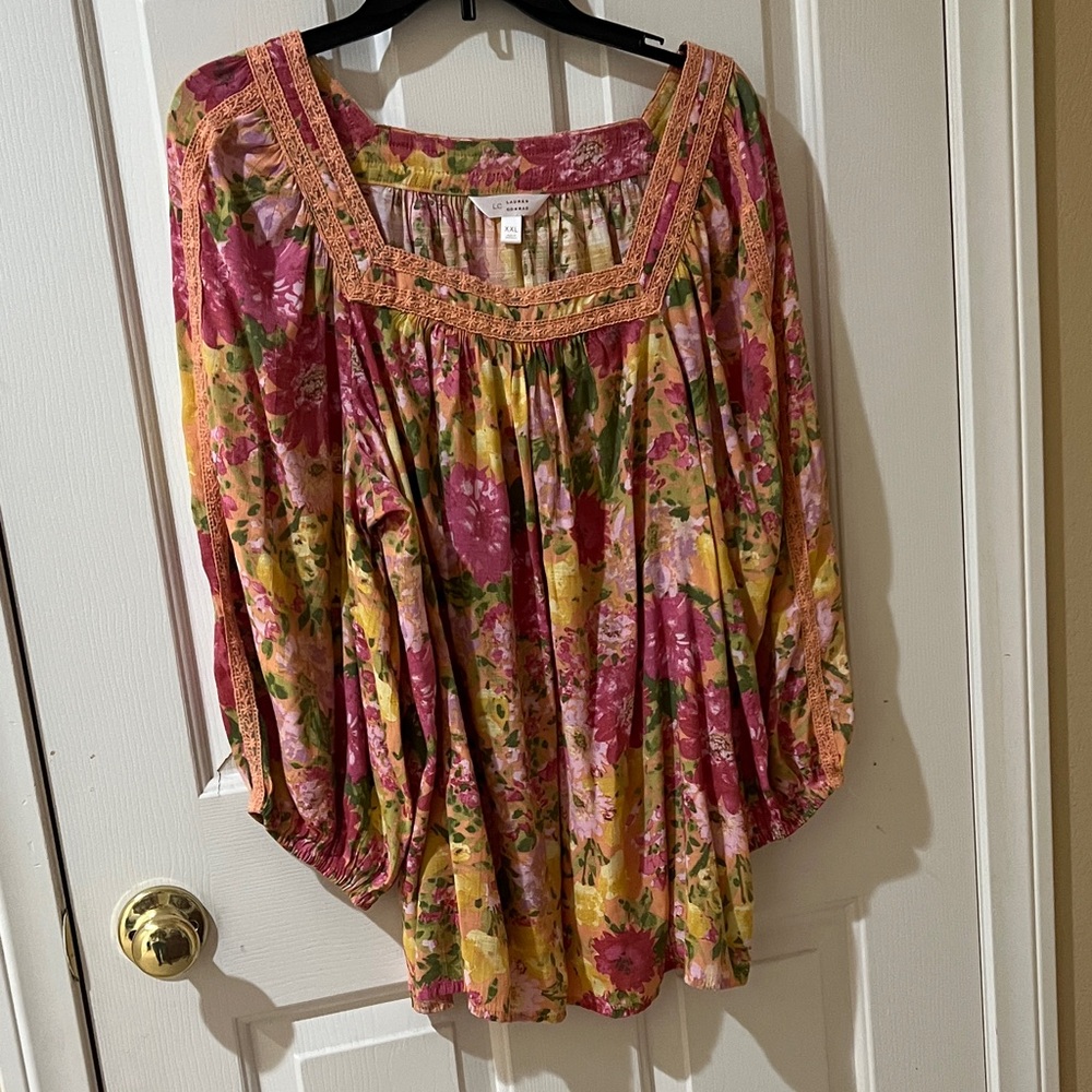 LC Lauren Conrad Pink and Yellow Floral Blouse